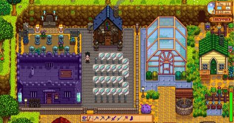 Stardew Valley - Standard Farm | multiplayer cabin fully upgraded > lightning rods > slime hutch > graveyard with grandpa's shrine > meteor | LadyAmalthea Stardew Valley Farm Layout Standard Multiplayer, Stardew Valley Lightning Rod Layout, Grandpas Shrine Stardew, Stardew Slime Hutch, Stardew Valley Slime Hutch Layout, Slime Hutch Stardew Valley, Stardew Valley Slime Hutch, Slime Farm, Stardew Ideas