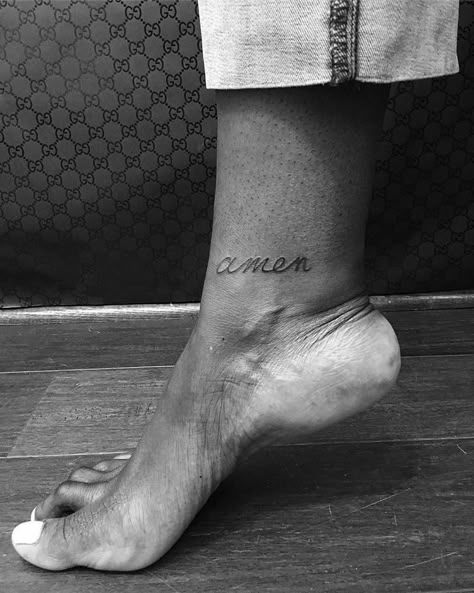 “Amen” tattoo on the right inner ankle bone. Amen Tattoo Words, Tattoo On Inner Ankle, Amen Tattoo, Inner Ankle Tattoo, Tattoos Ankle, Wörter Tattoos, Tiny Finger Tattoos, One Word Tattoos, Tiny Wrist Tattoos