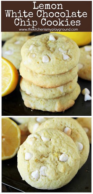 Lemon White Chocolate Chip Cookies ~ a tasty lemon-laced twist to your typical chocolate chip cookies! #lemoncookies #chocolatechipcookies #lemonlovers www.thekitchenismyplayground.com Lemon White Chocolate Cookies, Lemon White Chocolate Chip Cookies, Lemon White Chocolate, Lemon Cookies Recipes, Lemon Sugar Cookies, White Chocolate Chip, White Chocolate Cookies, White Chocolate Chip Cookies, Cookie Bar