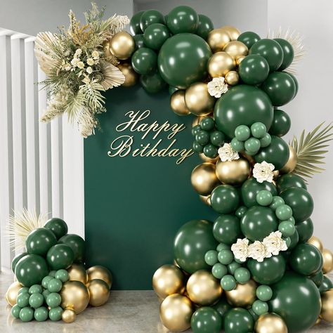 Green And Gold 70th Birthday, Dark Green And Gold Theme Party, Golf Gala Decor, 18th Birthday Party Green And Gold, Hunter Green Sweet 16 Decorations, Christmas Theme Balloon Garland, Green Pink And Gold Party Decor, Emerald Green Birthday Decorations, Jewel Tone Balloons