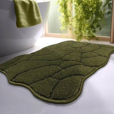 PRICES MAY VARY. 【CUTE WAVE DESIGN MODERN BATHROOM RUGS】: Our bath mat features a unique design with creative irregular stitching and vivid wave texture design, making our bathroom mat stylish and distinctive. It is a perfect choice to embellish your bathroom and home decor. 【SPCIAL HIGH-DENSITY ELASTIC MICROFIBER BATH MAT】: Bath rugs is made of special elastic microfiber, which provides a resilient cushioning feel when stepping on it, soft and comfortable, relieving your fatigue instantly. With Bathroom Decor Mushroom, Moss Green Bathroom Ideas, Black And Green Bathroom Decor, Green Bathroom Countertop, Nature Themed Bathroom, Olive Green Bathroom Decor, Bathroom Rug Ideas, Small Bathroom Rugs, Fairy Bathroom