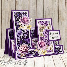 Quilling Lady: DIMENSIONAL STEPPER CARD Using New Collection PURPLE WORLD Collection #fancyfold Purple World, Box Cards Tutorial, Painted Lavender, Stepper Cards, Step Card, Fancy Fold Card Tutorials, Card Making Templates, Dainty Flowers, Purple Cards