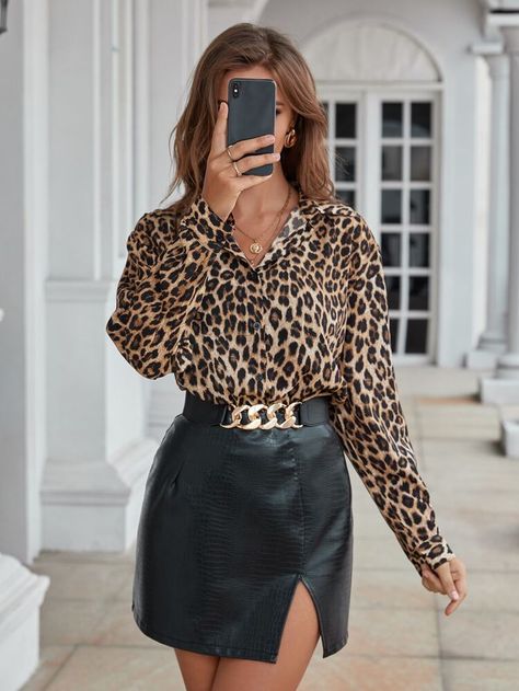 Leopard Print Button Front Shirt | SHEIN USA Leopard Long Sleeve Top Outfit, Long Sleeve Top Outfit, Cotton Shirts Women, Leopard Shirt, Leopard Print Shirt, Spring Fashion Outfits, Animal Print Blouse, Women Blouses, Leopard Print Dress