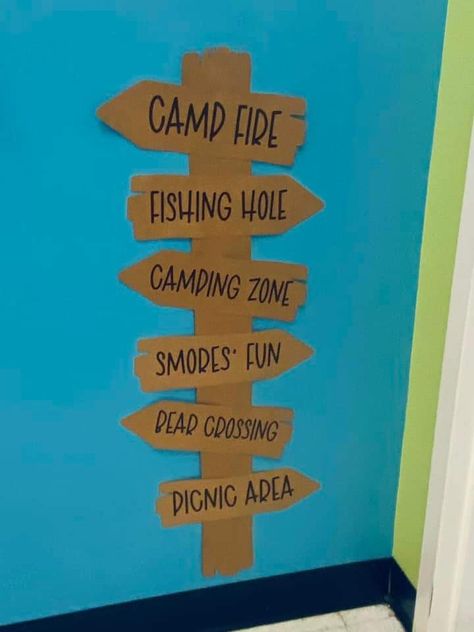 Camping Theme Reading Night, Winter School Display, Summer Camp Classroom Themes, Camp Fire Light Vbs Decorations, Diy Camp Party Decorations, Camping Decor For Classroom, Camping Display Ideas, Camping Office Decor, Campsite Dramatic Play