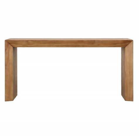 Salvaged pine wood modern waterfall design console table with beveled edges. Natural finish gives this table a warm, inviting feel. Perfect for a modern, contemporary, or farmhouse interior. Each table will vary in exact tones, grain, and inherent imperfections. Weight of console is approx. 75 lbs. Waterfall Console Table, Waterfall Console, Waterfall Table, Modern Waterfall, Waterfall Design, Farmhouse Interior, Sofa Table, Beveled Edge, Console Table