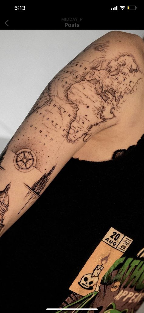 Men’s Sleeve Tattoo Ideas Geometric, Shoulder Map Tattoo, World Sleeve Tattoo, World Map Shoulder Tattoo, World Map Line Art Tattoo, Map Leg Tattoo, World Map Travel Tattoo, World Map Tattoo Thigh, World Map Tattoo Women