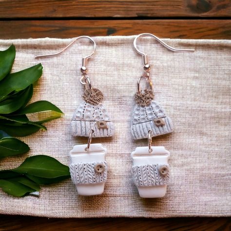 Knitted Sweater Aesthetic, Fall Merch, Coffee Cup Earrings, Christmas Bookshelf, Coffee Earrings, Sweater Aesthetic, Coffee Earring, Diy Earrings Polymer Clay, Clay Christmas