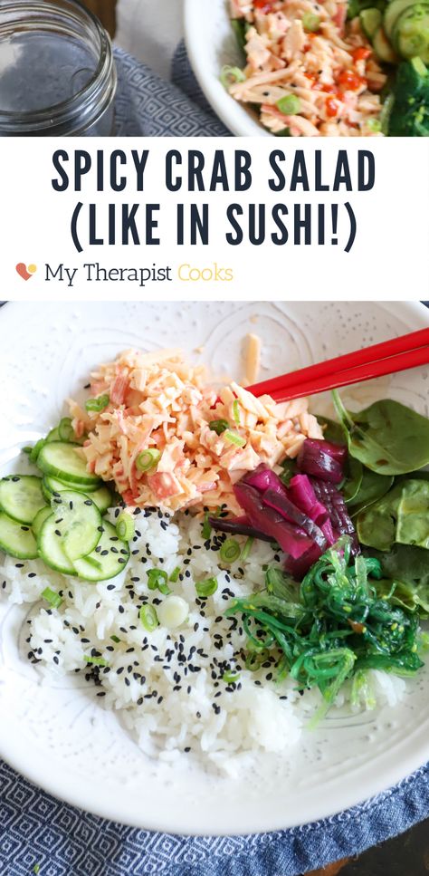 spicy crab salad recipe | japanese kani salad with kewpie mayo Japanese Crab Salad Recipe, Spicy Crab Salad Recipe, Crab Salad Recipe Sushi, Surimi Sushi, Japanese Crab Salad, Spicy Crab Salad, Crab Sushi, Sushi Bowl Recipe, Sushi Salad