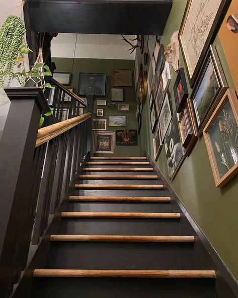 High Stairwell Wall Decor, Green Stairwell, Green Stairway, Decoration Cage Escalier, Staircase Wall Ideas, Stairwell Art, Hallway Diy, Enclosed Staircase, Stairs Designs