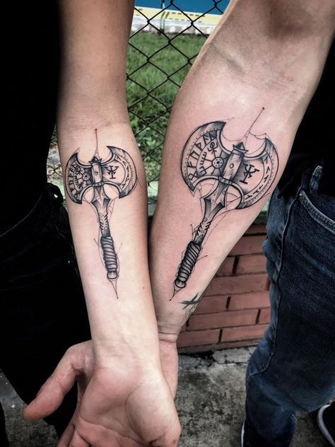 Make it pleasant for your beloved or dear person and suggest him a soulmate matching couple tattoo. Choose one of the 60+ ideas we have listed in our article. His And Her Viking Tattoo Ideas, Nordic Matching Tattoos, Viking Couple Tattoo Ideas, Viking Matching Tattoo, Couples Viking Tattoos, Nordic Couple Tattoo, Norse Couples Tattoo, Pagan Couple Tattoos, Matching Viking Couple Tattoos