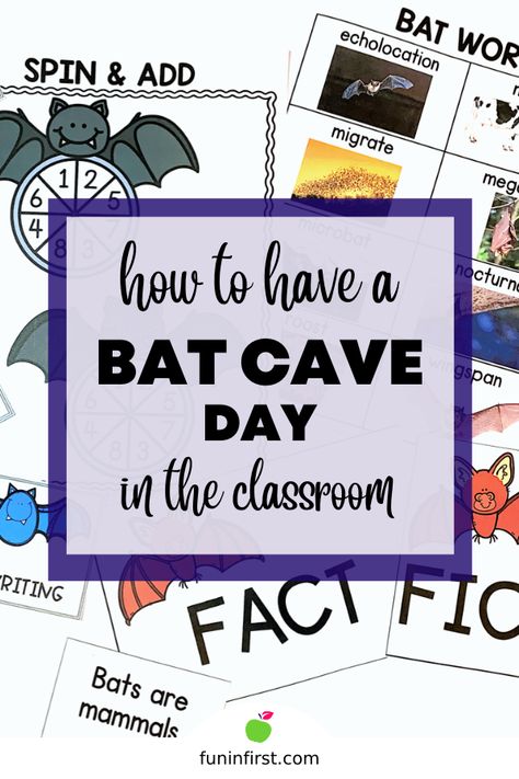 I absolutely LOVE teaching my students about bats. It’s a week that I look forward to every single year. The students just get so excited and can’t wait to learn more. This year after learning about bats all week, I decided to transform my classroom into a Bat Cave for the day. Transforming our classroom into a Bat Cave to end our week of learning about bats was one of the best days ever in our classroom. #FuninFirst #FirstGrade #FirstGradeActivities Bat Classroom Activities, Bat Learning Activities Preschool, Bats And Owls Preschool, Bat Science Kindergarten, Bat Unit First Grade, Bat Learning Activities, Bat Week First Grade, Bat Process Art Preschool, Bats First Grade Activities