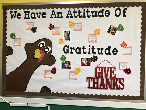 Turkey thanksgiving bulletin board. We have an attitude of gratitude. November 2018 Thanksgiving Bulletin Board Ideas Middle School, Gratitude Board Classroom, Funny Thanksgiving Bulletin Board, Bulletin Board November Ideas, Thankful Bulletin Board Ideas For School, Attitude Of Gratitude Bulletin Board, Gratitude Wall Ideas For Work, Gratitude Wall Ideas, Thanksgiving Bulletin Board Ideas School