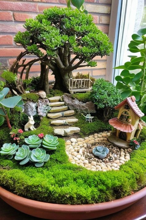 Fairy Garden Basket, Cactus Mini Garden, Fairy Garden Ideas Indoor, Indoor Fairy Garden Ideas, Miniature Gardens Design Ideas, Dish Gardening, Dish Garden Ideas, Fairy Plants, Broken Pot Garden