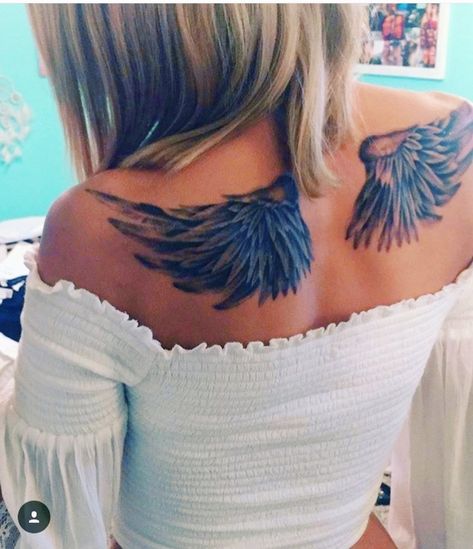 Angel wings Tattoo I think this is the size I'm looking for Wings Tattoo Shoulder Women, Angel Wings Tattoo On Chest Women, Wing Shoulder Tattoo Women, Angel Tattoo On Back For Women, Wing Tattoo Women Back, Back Tattoo Women Angel Wings, Angle Wing Tattoos Back, Bird Wing Tattoo Back, Wing Tattoos On Back Women