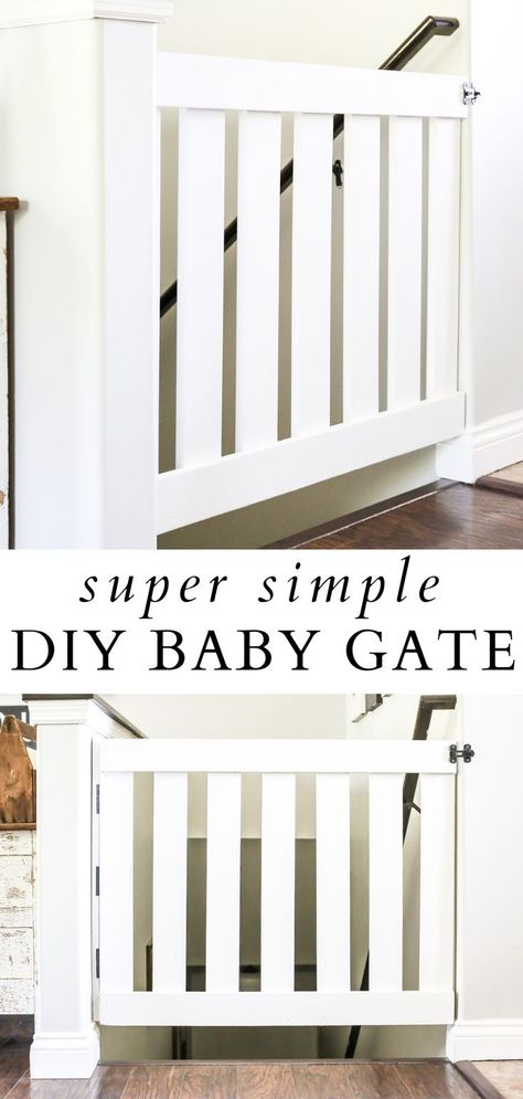 Simple white wooden DIY baby gate How To Make A Dog Gate For Stairs, Dog Gate Door, Diy Pet Gate For Stairs, Diy Gate For Dogs, Dog Gates For Stairs Diy, Diy Indoor Gate Ideas, Diy Half Door Ideas, Half Door Diy, How To Build An Indoor Dog Gate