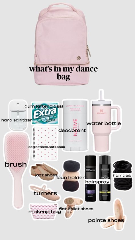 Dance Class Essentials, What To Keep In Dance Bag, What’s In My Bag Dance, What Is In My Dance Bag, Dance Stuff Aesthetic, What To Put In Your Ballet Bag, Things To Put In Your Dance Bag, What To Bring To A Dance Competition, Dance Comp Packing List