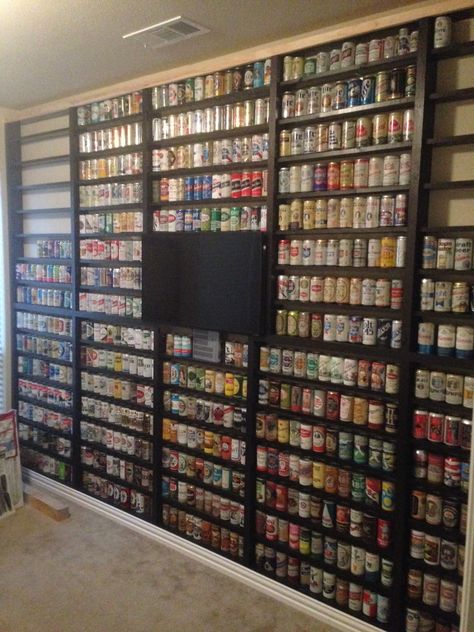 Beer Can Collection Display Ideas, Beer Can Display Ideas, Beer Bottle Display, Speakeasy Decor Bar, Collection Display Shelves, Beer Can Art, Beer Display, Speakeasy Decor, Beer Can Collection