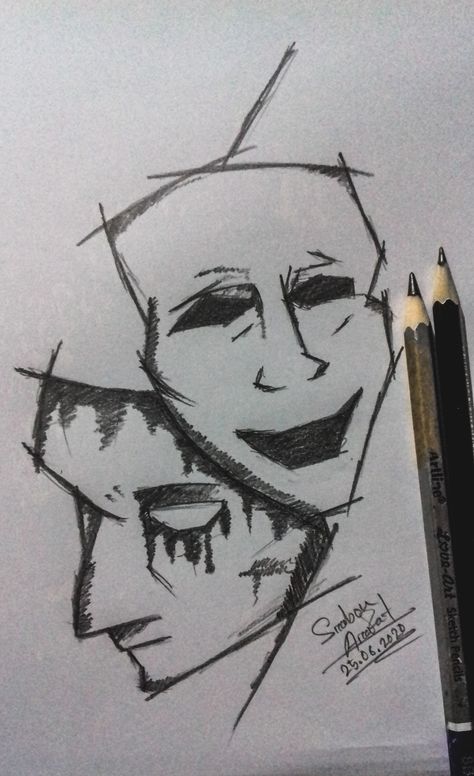 New Sktech.😀💛 Name : Happy or Sad?.😊💛  Follow me on Instagram : www.instagram.com/illustration.srabon/  Like my page : Srabon Arafat  Mask model from : Pinterest.💛  Follow me so as not to miss my new illustrations landscape design, Smartphone wallpaper and also some sketch.😊😍  Stay Home, Stay Safe And Stay Creative.😊 Mask Sketch Design, Easy Pencil Sketches, Mask Sketch, The World Drawing, Sketch Wallpaper, People Sketches, Simple Draw, Stay Creative, Bullet Journal Ideas Templates