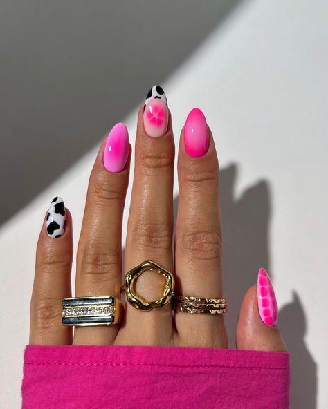 a vibrant pink mix and match with a little bit of cow print 💞🌺🎀🐄✨ rings: • left and right from @luvaj • centre from @suryachamak - code NAILOLOGIST20 for 20% off #nails #nailinspo #nailart #mixandmatch #mixandmatchnails #pinknails #summernails Pink Mix And Match Nails, Nails Verano, Mix And Match Nails, Match Nails, Mix Match Nails, Nailinspo Nailart, Cute Simple Nails, Cherry Nails, Cute Nails For Fall