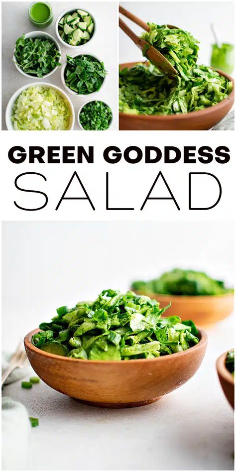 This Green Goddess Salad mixes chopped iceberg lettuce, baby spinach, and arugula with cucumber and green onions in an insanely delicious green goddess dressing. Easy to modify, it's the perfect salad main or side dish. Baby Spinach Salads, Green Goddess Salad, Salad Mixes, Deviled Egg Salad, Goddess Salad, The Perfect Salad, Salad Inspiration, Perfect Salad, Goddess Dressing