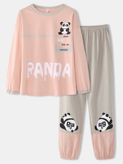 Women Cartoon, Pajama Fashion, Cute Pajama Sets, Cute Sleepwear, Cartoon Panda, Patchwork Print, Cute Pajamas, Cute Comfy Outfits, Fashion Attire