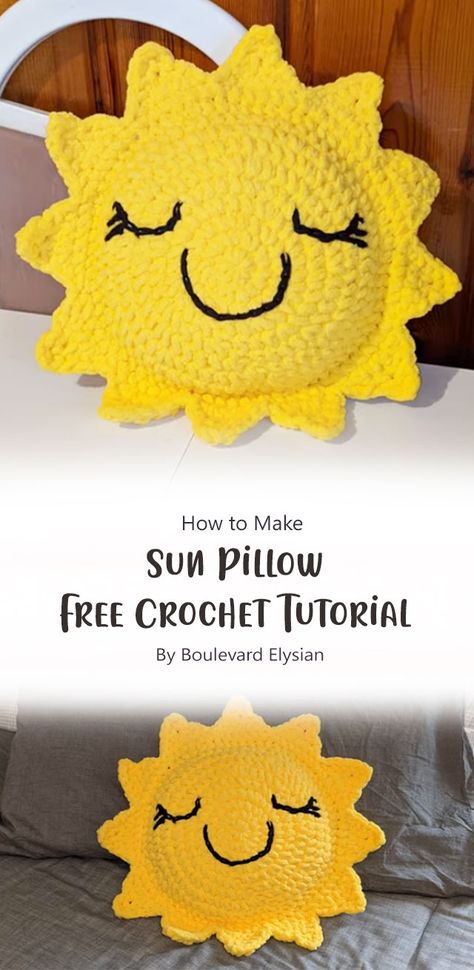 With this tutorial, you’re well-equipped to embark on your creative journey. So, pick up your crochet hook, choose your favorite sun-inspired yarn, and start crafting your very own Boulevard Elysian Sun Pillow today! Sunshine Crochet Pillow, Sunshine Pillow Crochet, Bee Pillow Crochet, Sun Pattern Crochet, Crochet Sunshine Pattern, Crochet Sun Amigurumi, Crochet Sun Pillow Free Pattern, Sun Amigurumi Free Pattern, Crochet Sun Pattern Free