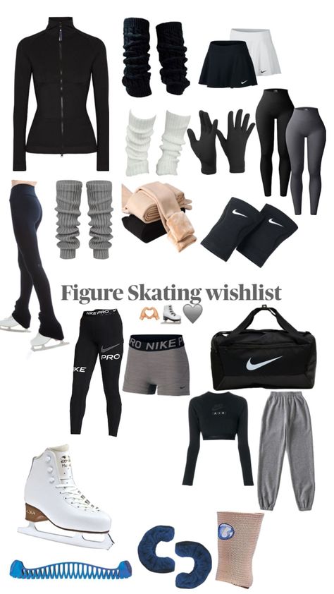 Black Ice Skating Outfit, Ice Skating Needs, Figure Skating Needs, Figure Skating Outfit Ideas, Figure Skating Diet, Figure Skating Outfits Practice Style, Easy Ice Skating Tricks, Beginner Figure Skating, Figure Skating Bag Essentials