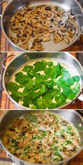 Boneless And Skinless Chicken Thighs, Cook Mushrooms, Resep Pasta, Plats Healthy, Chicken And Spinach, Resep Diet, Creamy Parmesan, Skinless Chicken Thighs, Mushroom Sauce