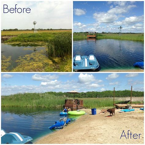 Pond Beach Ideas Backyards, Pond With Beach Area, Pond Beach Ideas, Large Pond Ideas, Backyard Pond Ideas Large, Large Pond Landscaping, Pond Pier, House With Pond, Pond Dock