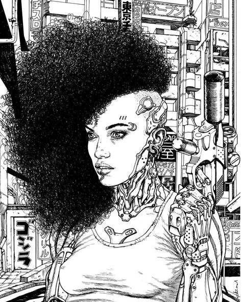 Afro Futurism Character Design, Cyberpunk Comic Art, Black Sci Fi Characters, Cyberpunk Black And White, Neo Cyberpunk, Afro Futurism Art, Noir Cyberpunk, Black Scifi, Cyberpunk Noir