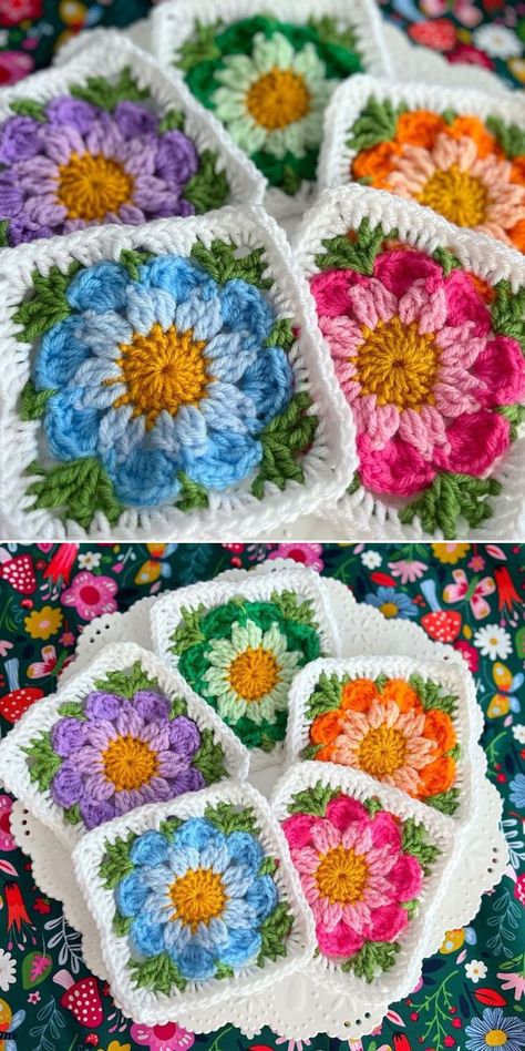 Flower Crochet Squares Patterns – 1001 Patterns Taplak Meja Crochet, Crochet Flower Granny Square Pattern, Motifs Granny Square, Crochet Flower Squares, Crochet Flower Blanket, Coastal Fashion, Flower Coasters, Granny Square Crochet Patterns Free, شال كروشيه