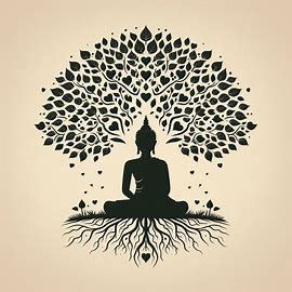 Create a serene silhouette of Buddha meditating under a Bodhi tree with heart-shaped leaves and detailed roots, symbolizing enlightenment on a soft, neutral background. - Image Creator ใน Bing Buddha Silhouette, Serene Silhouettes, Bodhi Tree, Neutral Background, Under The Tree, The Tree, Bing Images, Meditation, The Creator