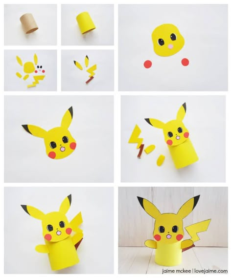 Pokémon Pikachu paper craft DIY (toilet paper roll craft) Easy Pokemon, Diy Pokemon, Paper Bunny, Pikachu Pikachu, Craft Projects For Adults, Pokemon Diy, Pokemon Craft, Toilet Paper Crafts, Pokemon Birthday Party