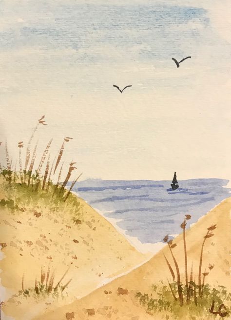 Watercolor Ocean Easy, Watercolor Painting Easy Ideas, Watercolor Art Beach Simple, Beach Watercolor Paintings Simple, Easy Things To Watercolor, East Watercolour Painting, Simple Beach Drawings, Easy Beach Painting For Beginners, Water Coloring Art