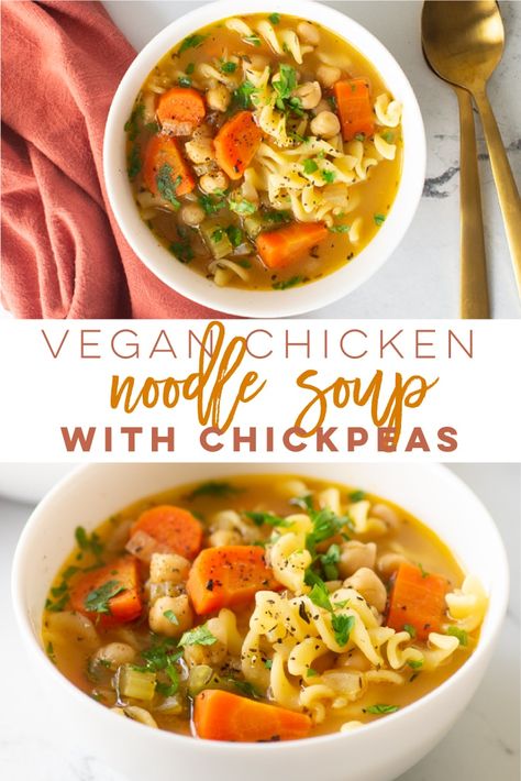 Vegan Chicken Noodle Soup -- This easy soup recipe has all the heartiness of classic chicken noodle soup - but plant-based! Featuring chickpeas and veggies, this soup recipe is delicious and filling. #vegansoup #veganchickennoodlesoup #chickpeanoodlesoup #vegandinner | Mindful Avocado Noodle Soup Vegan, Chickpea Noodle Soup, Soup With Chickpeas, Chicken Chickpeas, Chickpea Noodle, Vegan Chicken Noodle Soup, Classic Chicken Noodle Soup, Veggie Soup Recipes, Easy Soup Recipe