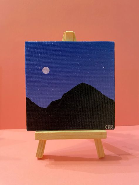 Painting Ideas On Canvas Blue Aesthetic, Simplistic Painting Ideas On Canvas, Easy Mountain Painting Simple, Mini Mountain Painting, Diy Small Canvas Art, Cute Little Paintings Easy, Diy Paint Night Ideas, Mini Canvas Landscape, Mini Paintings Simple