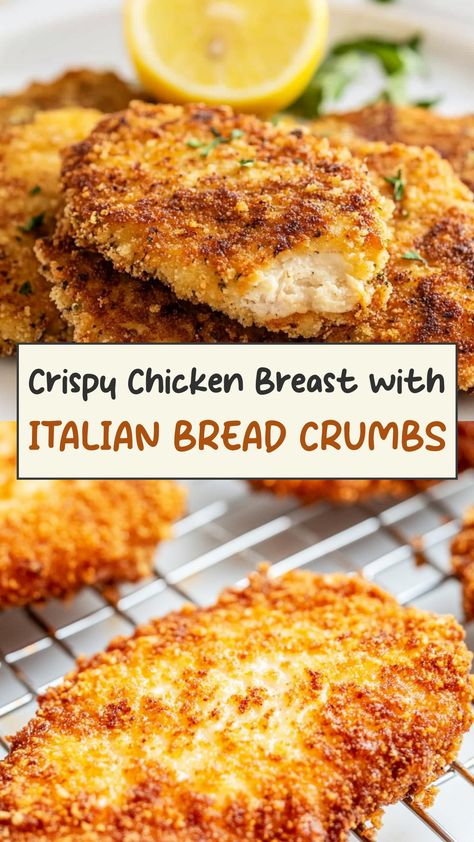 Discover a delicious recipe for juicy chicken breast coated in savory Italian bread crumbs. This easy-to-make dish is perfect for weeknight dinners or special occasions. The combination of tender chicken and flavorful seasonings will have your family asking for seconds! Enjoy a taste of Italy right in your own kitchen with this mouthwatering meal option. Serve it alongside your favorite sides for a complete and satisfying dinner that everyone will love. Bon appétit! Chicken With Italian Bread Crumbs, Baked Chicken Recipes Bread Crumbs, Italian Breaded Chicken Cutlets, Chicken Italian Bread Crumbs Recipe, Italian Bread Crumbs Chicken, Baked Chicken Recipes Breaded, Chicken Tenders With Bread Crumbs, Bread Crumbs Recipe Chicken, Italian Crusted Chicken