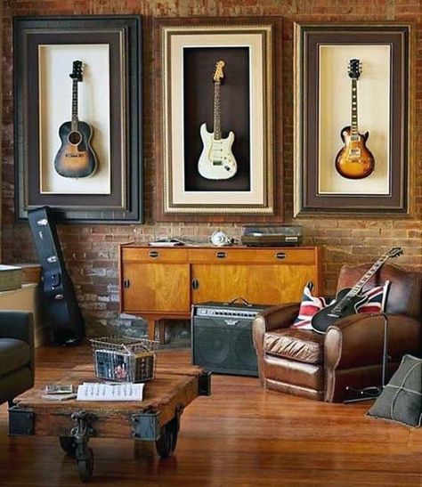 guitar room Home Office With Guitars, Guitar Man Cave, Music Room Man Cave, Guitar Room Man Cave, Guitar Living Room, Guitar Room Aesthetic, Cool Man Cave Ideas, Guitar Room Ideas, Small Music Room