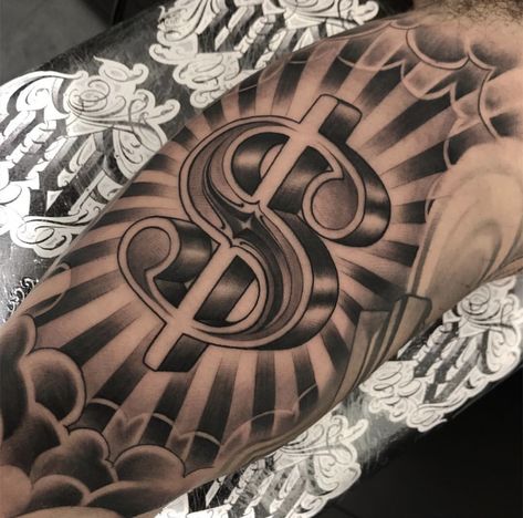 Tattoo Designs Men Arm, Money Sign Tattoo, Dollar Sign Tattoo, Self Made Tattoo, Dollar Tattoo, Sign Tattoo, Gangsta Tattoos, Money Tattoo, Chicano Style Tattoo