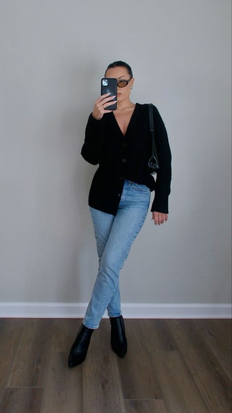 black oversized cardigan | light denim jeans | black pointed toe heels | black shoulder bag | funky sunglasses | casual chic fall outfit | classic fall outfit inspo 2023 #ad Fall Outfit Jeans, Pointed Heels Outfit, Outfit Inspo 2023, Casual Chic Fall Outfits, Oversized Black Cardigan, Casual Chic Fall, Black Pointed Heels, Black Pointed Toe Heels, Funky Sunglasses