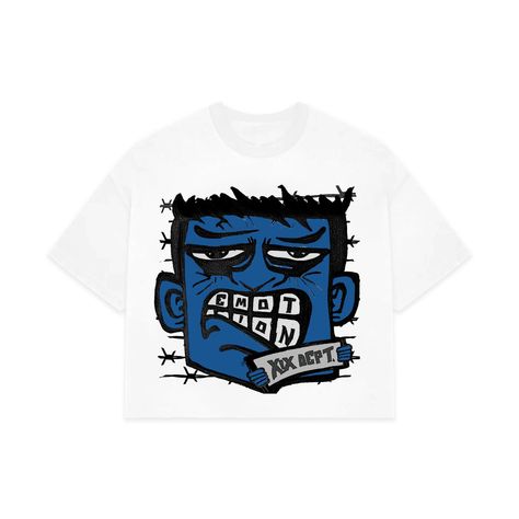 Graphic Tees Oversized, White And Blue Graphic Tee, Cartoon Graphic Tees, Tuff Fits, White Monster, Tee Outfits, Blue Graphic Tee, Cropped Tees, Monster Pattern