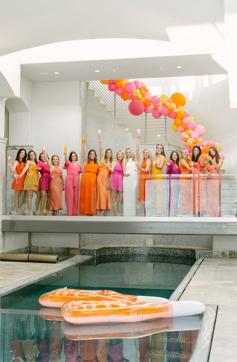 Sunset Cruise Bachelorette, Sunset Night Bachelorette, Color Block Bachelorette Party, Sunset Theme Bachelorette Outfits, Tequila Sunrise Party Decor, Different Bachelorette Party Ideas, Sunset Bridal Shower Theme, Sunset Bachelorette Party, Tequila Sunrise Bridal Shower Theme