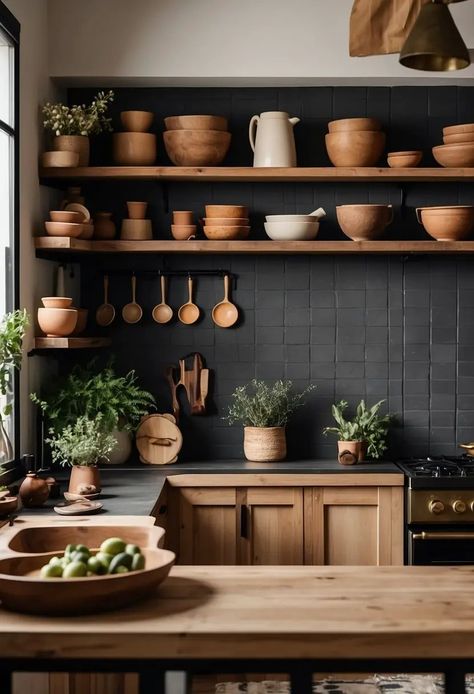 Rustic Modern Kitchens: The Perfect Blend of Old and New - Kitchen Informant Aesthetic Rustic Kitchen, Natural Aesthetic Kitchen, Kitchen Material Palette, Neutral Cozy Kitchen, Earthy Small Kitchen, Dark Boho Kitchen Ideas, Cozy Contemporary Kitchen, Nature Kitchen Ideas, Natural Material Kitchen