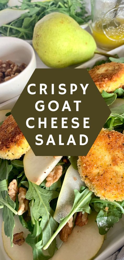 DECADENT CRISPY GOAT CHEESE ON A BED OF ARUGULA TOSSED IN A LIGHT VINAIGRETTE, TOPPED WITH TOASTED WALNUTS AND SLICED PEARS. Cheese, and especially goat cheese, in all kinds of salads is nothing new. However, lightly pan fried rounds of tangy goat cheese served warm over a cool salad is a thing of true beauty. When I make this, those little crispy rounds do away with any need for additional protein, in my opinion. #goatcheese #salad #goatcheesesalad #food #foodinspo #recipe #sidedish #starter Pear Goat Cheese Salad, Fried Goat Cheese Salad, Crispy Goat Cheese, Warm Goat Cheese Salad, Delicious Healthy Salads, Salad With Goat Cheese, Fried Goat Cheese, Baked Goat Cheese, Healthy Lunch Snacks