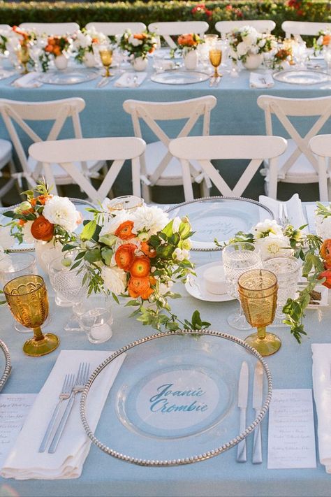 Blue And Orange Wedding Theme, Coastal Wedding Colors, Orange Beach Wedding, Orange Wedding Theme, Blue And Orange Wedding, Blue Orange Weddings, Back Lace Wedding Dress, Orange Wedding Themes, Orange Wedding Colors