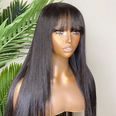 Straight Human Hair Wigs with Bang Full Machine Made for Black Women Brazilian Straight 180 Density 26 Inch Long Fringe Wig Bangs Fringe, Best Human Hair Wigs, Black Brown Hair, Product Box, Brazilian Remy Hair, 100 Human Hair Wigs, Short Fringe, Best Wigs, Raw Hair