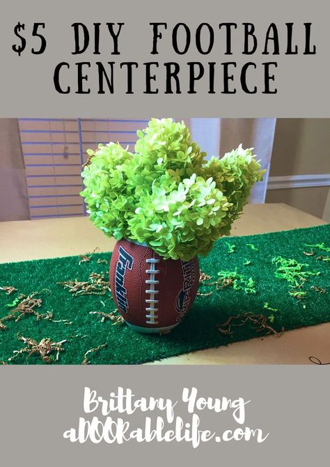 Whether you’re getting pumped for the game at a tailgate party or sitting down… Football Party Centerpieces, Football Banquet Centerpieces, Football Centerpiece, Football Centerpieces, Sports Centerpieces, Football Tailgate Party, Tailgate Decorations, Football Fundraiser, Banquet Centerpieces