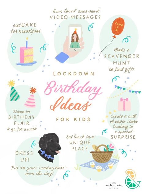 Ideas on how to still make birthdays a special day for your kids at home during the lockdown. Artwork: Anchor point Paper Ideas: lemon & lime event design At Home Dress, Birthday Dinner Ideas, Kids Birthday Party Ideas, Birthday Plans, Birthday Traditions, Kids At Home, Paper Ideas, Birthday Planning, 11th Birthday