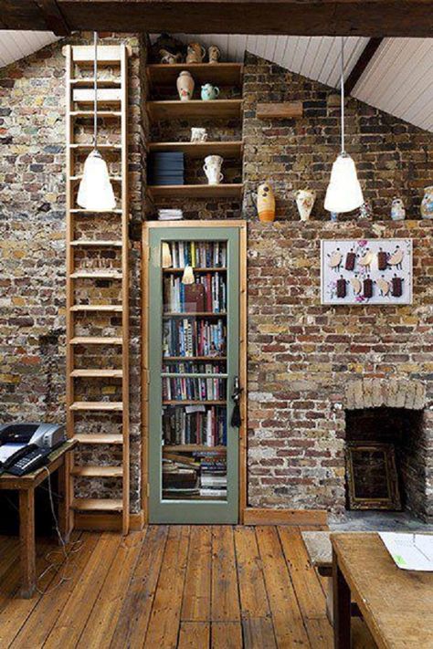 55 Brick Wall Interior Design Ideas | Art and Design Brick Wall Interior Design, Brick Interior Wall, Interior Boho, A Brick Wall, Interior Wall Design, Style At Home, Exposed Brick, Book Shelf, Home Fashion