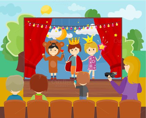 Children in Costumes Performing by robuart on @creativemarket Theatre Symbol, Theatre Drawing, Shadow Activities, Drama For Kids, Theater Play, Kids Talent, Chocolate Packaging Design, Children Sketch, Theatre Plays